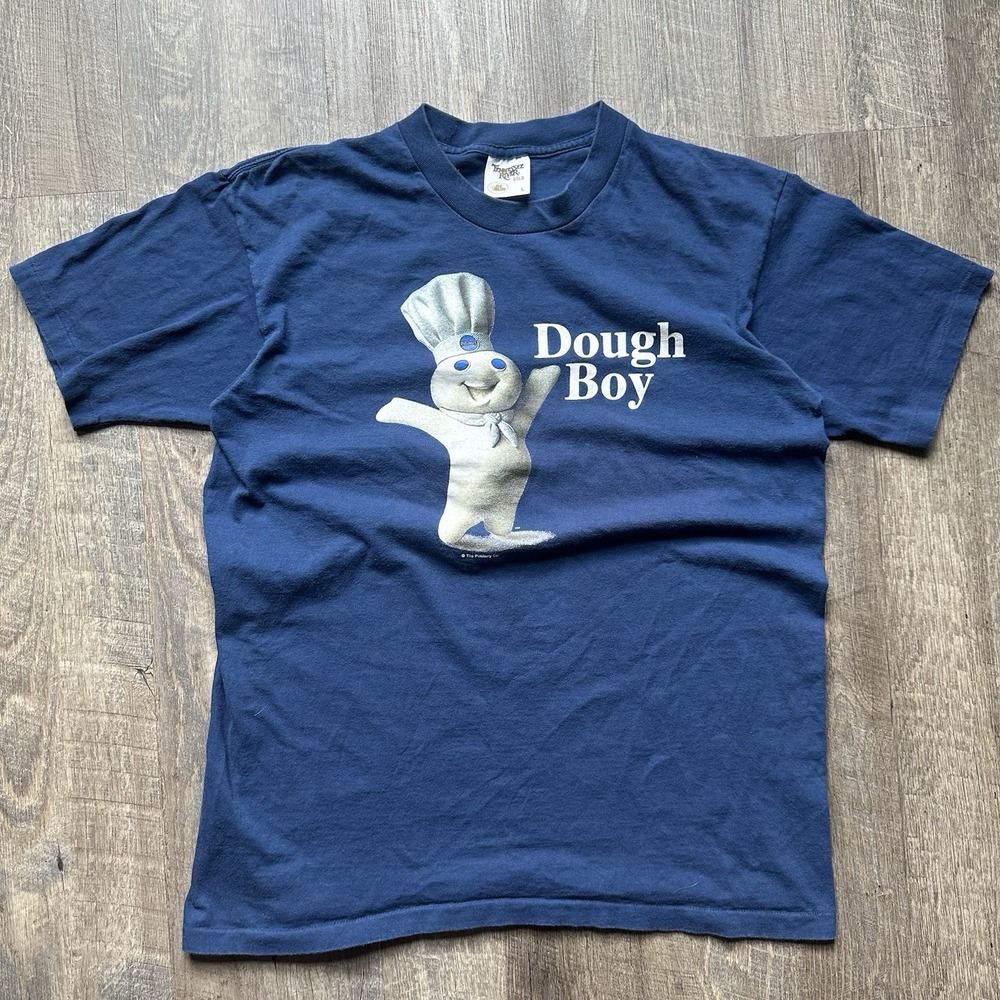 Vintage Pillsbury Dough Boy T Shirt Mens L 90s Blue Print Made USA Single Stitch